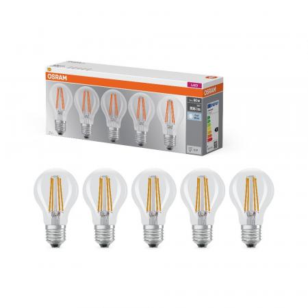 5er Pack OSRAM LED BASE E27 Filament Glühlampe klar 6,5W wie 60W neutralweiß